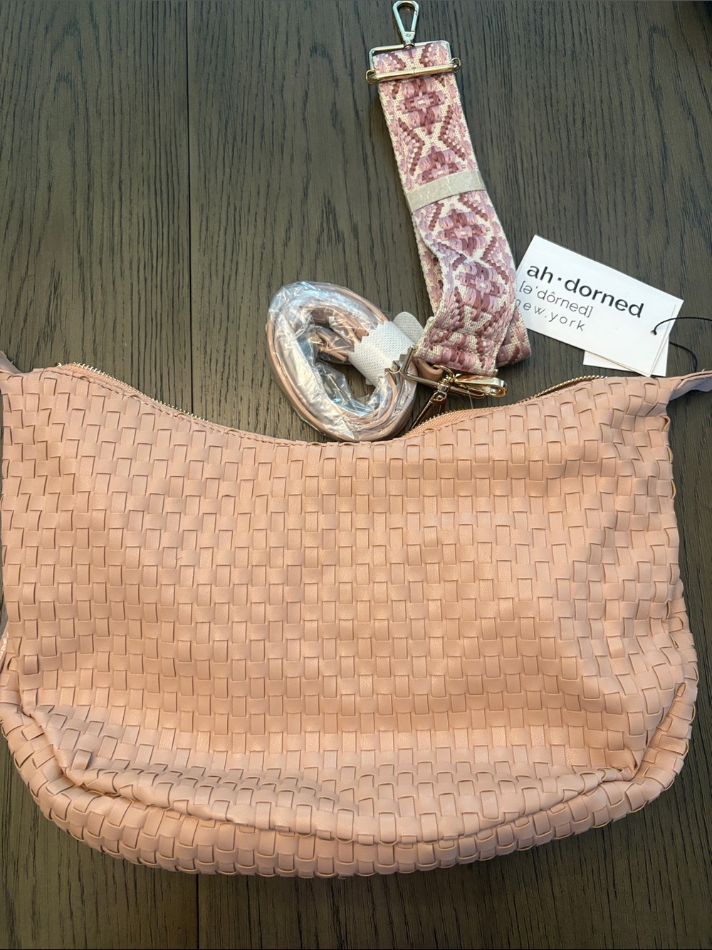 ah-dorned Blush Woven Shoulder Bag with Decorative Strap
